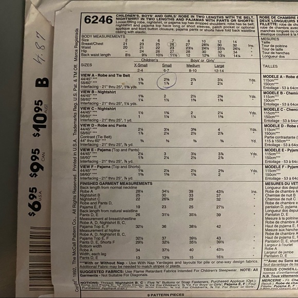 Vintage McCalls Childrebs PJs 6246 Sewing Pattern - Picture 4 of 14